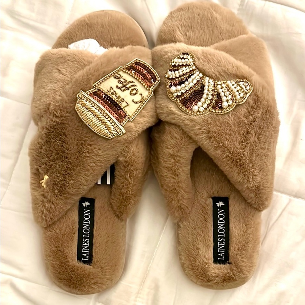 Tan Plush Slippers with Crossed Strap Design